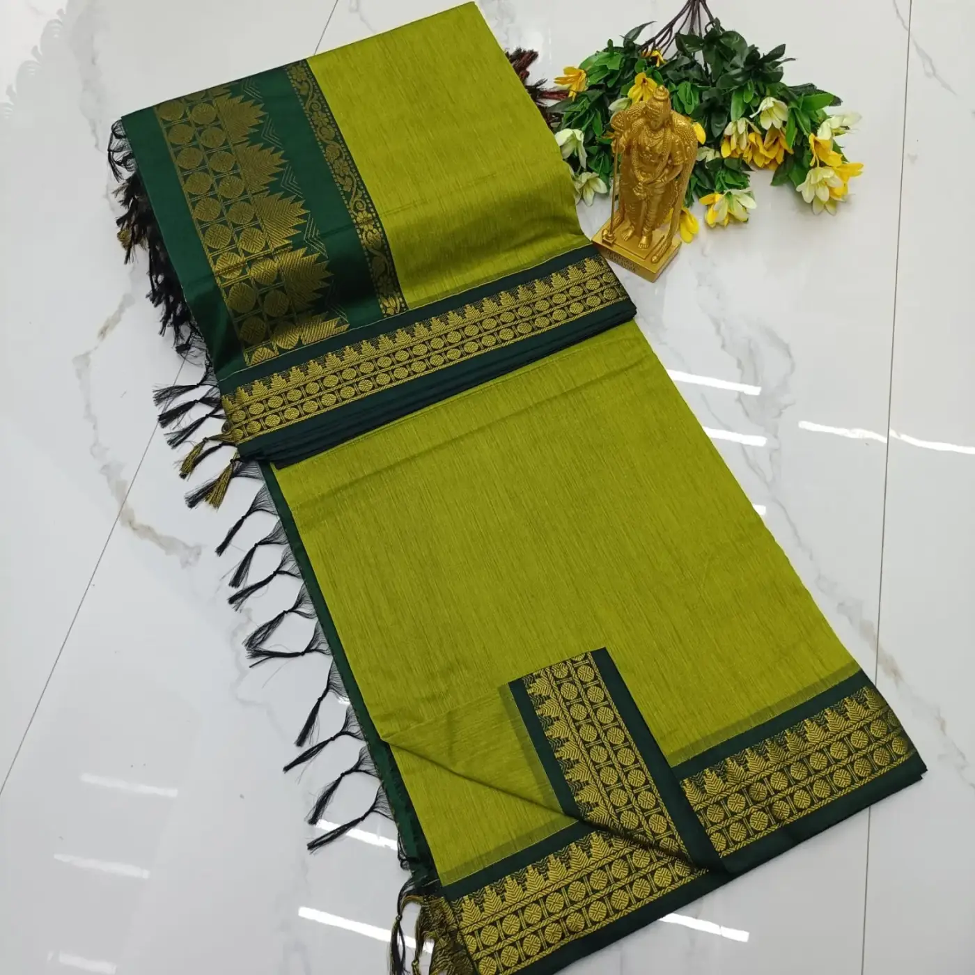 Olive Green Floral Zari Border Kalyani Cotton Saree